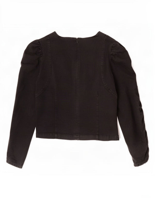 Zara Mujer Crop Blusa De Manga Larga Top UK 42 Medium Negro Algodón