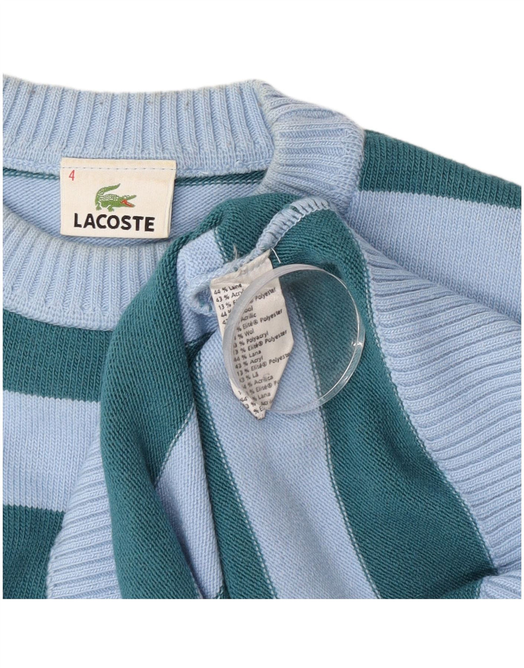 Lacoste Jersey de cuello redondo para hombre talla 4 lana de rayas azul medio