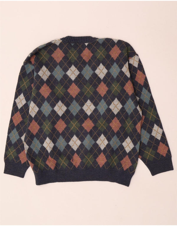Vintage hombres V-cuello jumper suéter grande azul marino Argyle/diamante lana