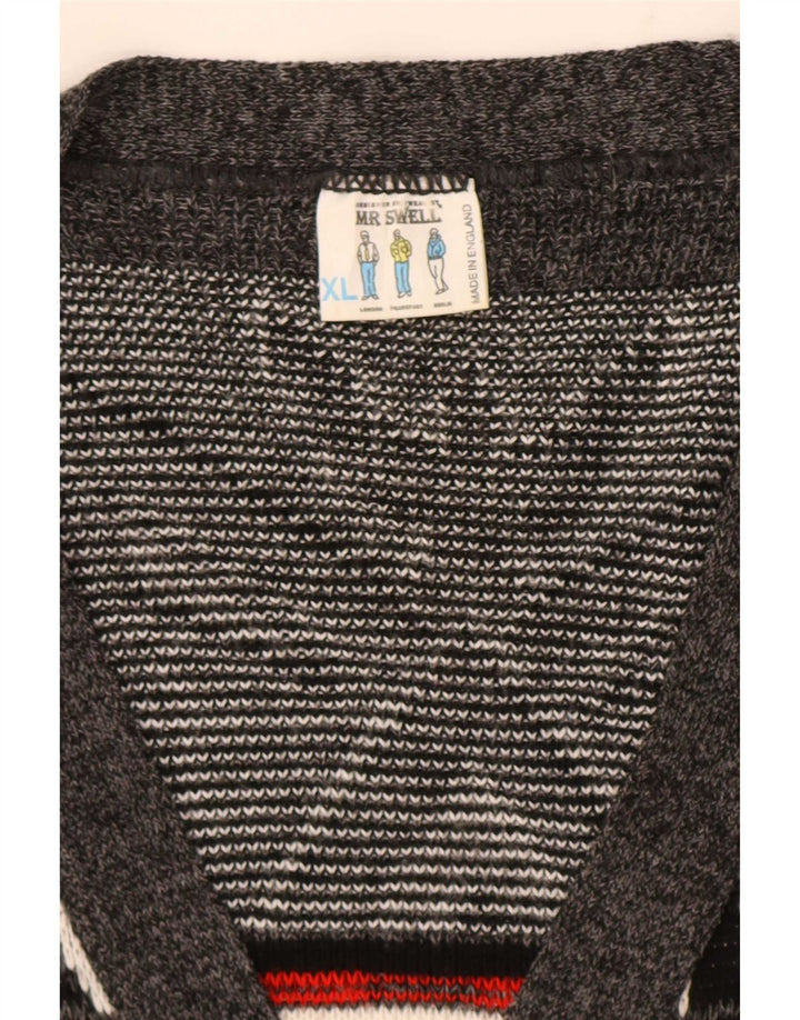 Vintage hombres Cardigan suéter XL gris geométrico acrílico