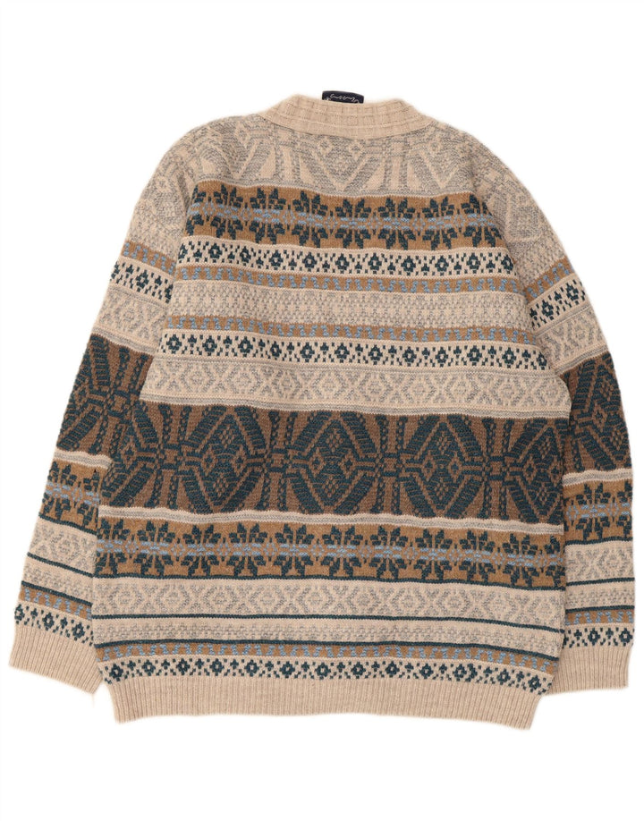 Polo Norte Hombre Cárdigan Suéter Grande Beige Fair Isle Lana