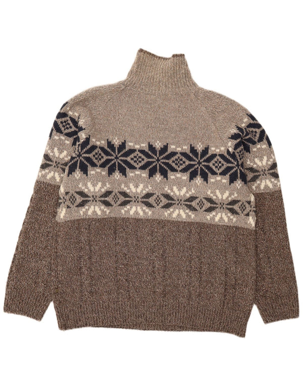 Vintage hombres rollo cuello jersey suéter XL marrón Fair Isle lana