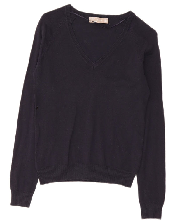 Zara - Jersey con cuello en V para mujer, talla 12, algodón azul marino mediano