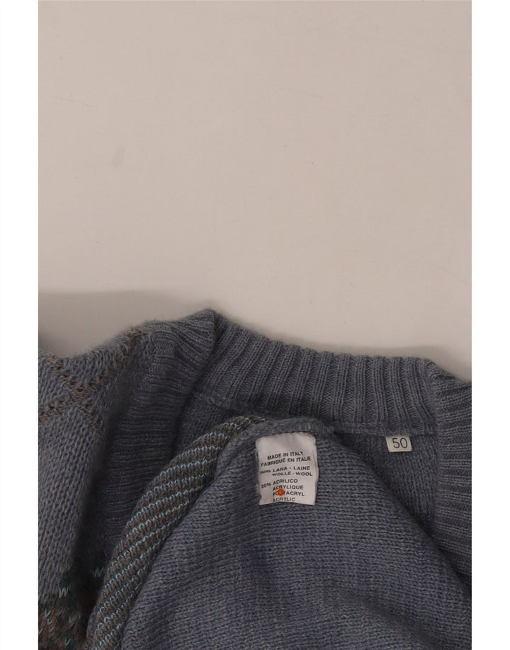 VINTAGE Jersey con cuello en V para hombre IT 50 Azul medio Argyle/Lana de diamante