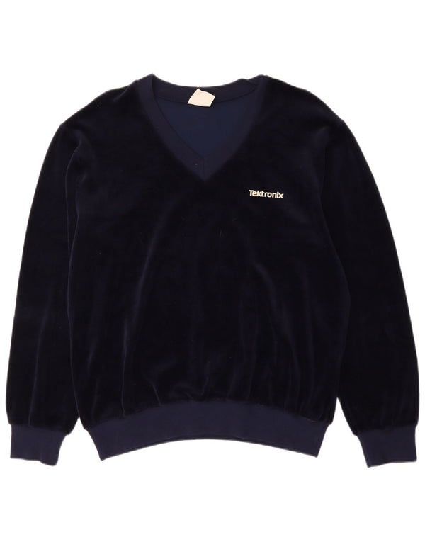 Vintage mujer terciopelo sudadera Jumper Reino Unido 20 2XL algodón azul marino
