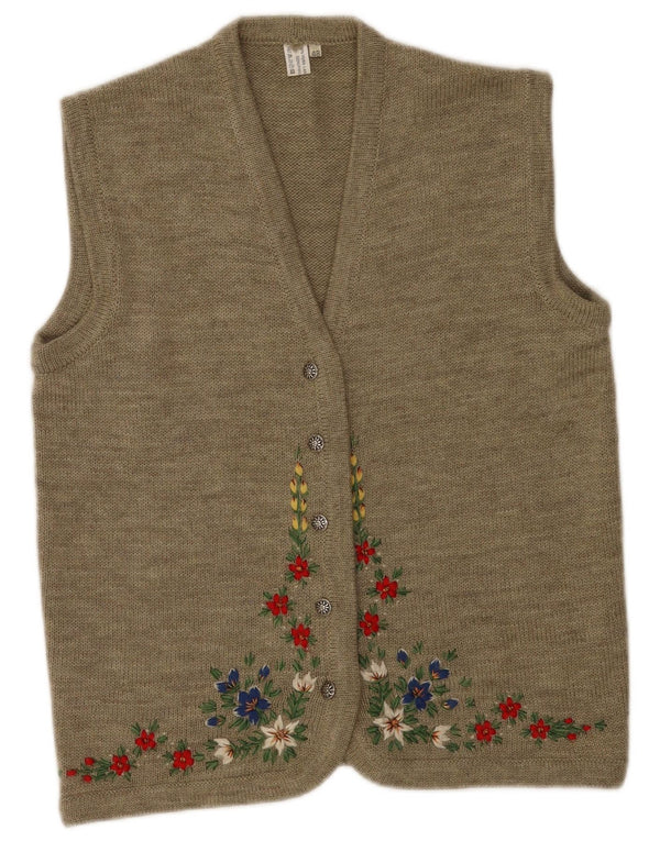 Vintage mujer sin mangas Cardigan suéter EU 48 2XL marrón floral