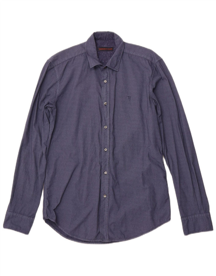TRUSSARDI JEANS Camisa Hombre Talla 38 Mediana Azul Marino Algodón Geométrico