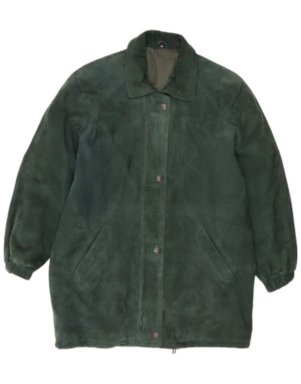 Vintage mujer suelta ajuste gamuza cortavientos abrigo EU 38 cuero verde medio