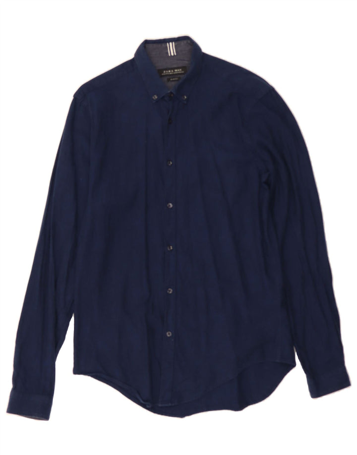 ZARA Mens Slim Fit Shirt Medium Navy Blue Cotton Vintage Zara and Second-Hand Zara from Messina Hembry 
