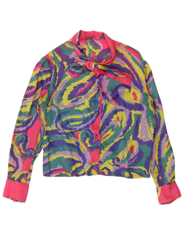 VINTAGE Blusa camisa con corbata delantera para mujer Reino Unido 14 Paisley multicolor grande