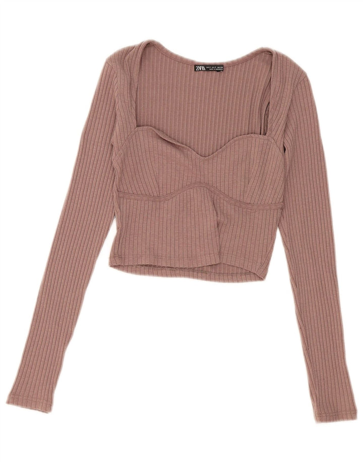 Zara Mujer Crop Top Manga Larga UK 8 Small Rosa Poliéster