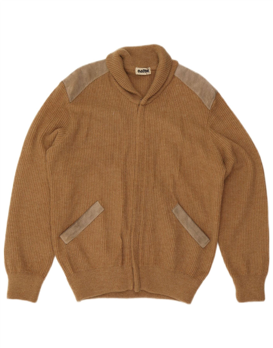 Vintage hombres Cardigan suéter medio beige colorblock acrílico