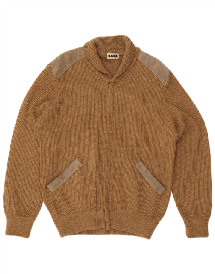 Vintage hombres Cardigan suéter medio beige colorblock acrílico