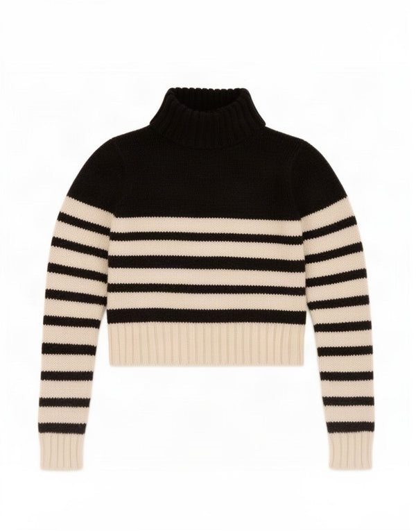 Zara Mujer Crop Roll Neck Jumper Sweater UK 46 Grande Acrílico A Rayas Negras