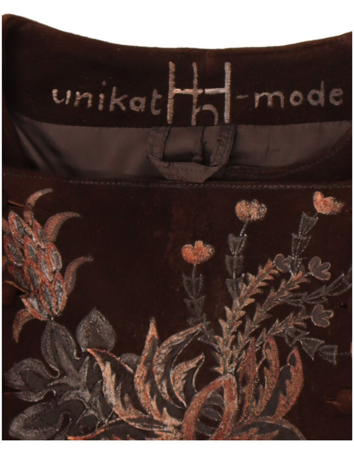 Vintage mujer crop ante chaqueta Reino Unido 14 marrón medio floral