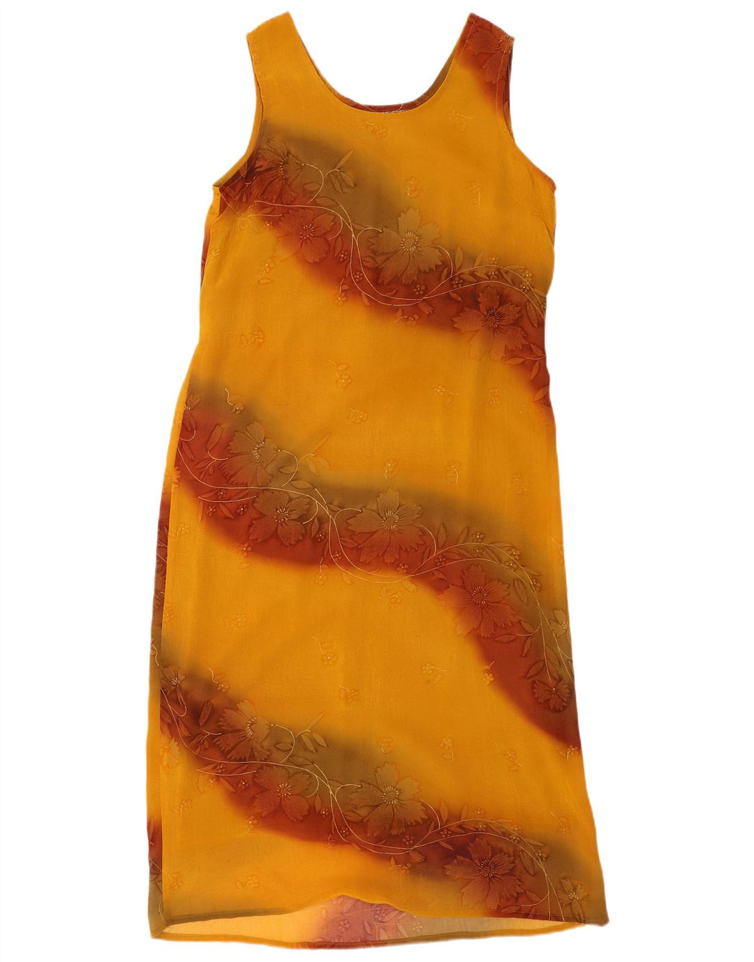 Vintage mujer sin mangas vestido de cambio Reino Unido 12 poliéster floral amarillo medio