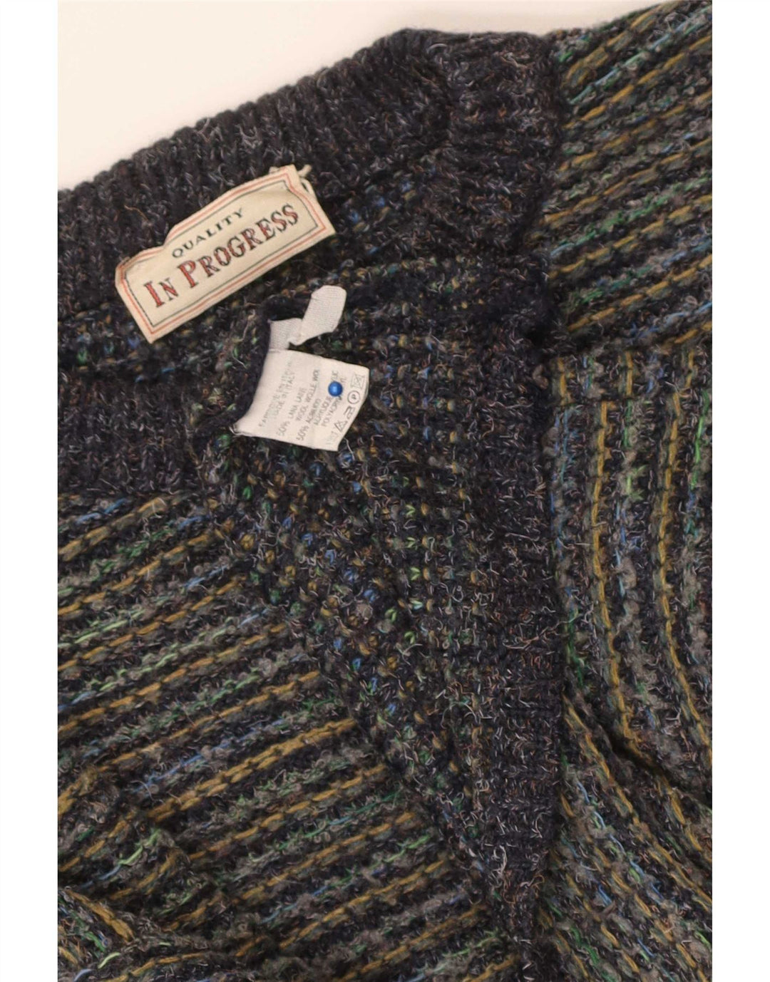 Vintage hombres cuello redondo jersey suéter grande multicolor lana a rayas