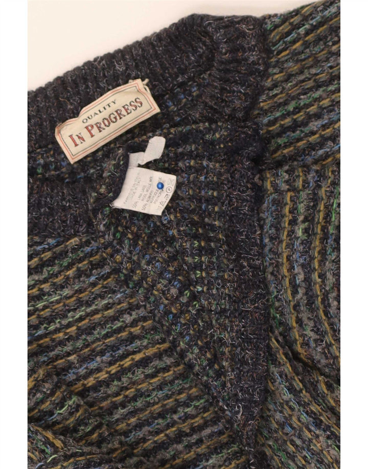 Vintage hombres cuello redondo jersey suéter grande multicolor lana a rayas