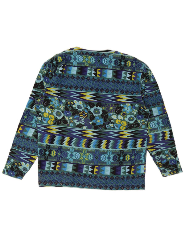 Vintage mujer top manga larga Reino Unido 14 algodón geométrico azul medio