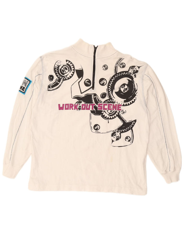 VINTAGE Sudadera con cuello con cremallera y gráfico para hombre Jumper 2XL Algodón blanco