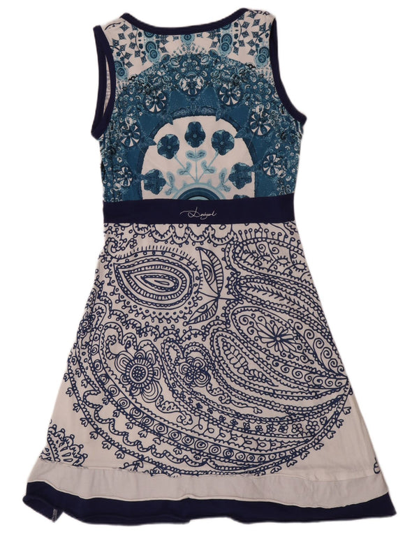 Desigual Vestido Acampanado Sin Mangas para Mujer UK 44 Grande Algodón Floral Blanco