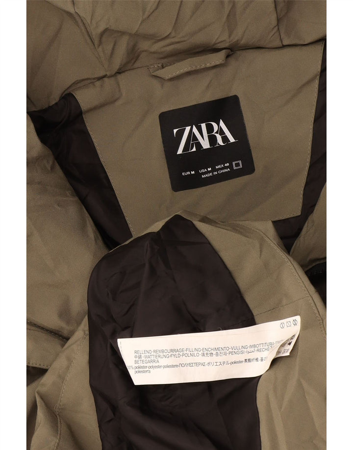 Zara Hombre Chaqueta Acolchada Con Capucha UK 38 Medium Caqui Poliéster