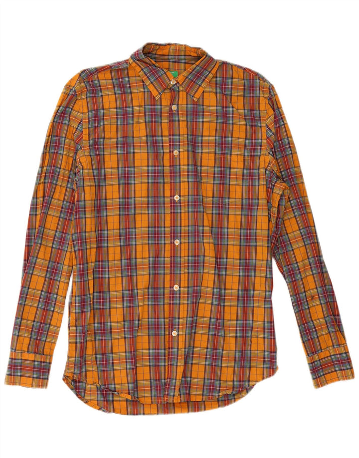 Camisa Benetton Hombre Naranja Mediana De Algodón A Cuadros