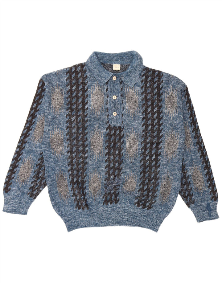 Vintage hombres polo cuello jersey suéter azul medio geométrico