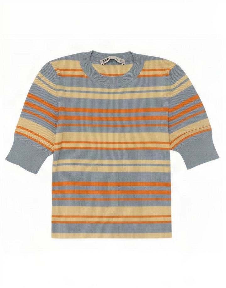 Zara Mujer Crop Blusa Top UK 40 Medio Viscosa De Rayas Multicolor