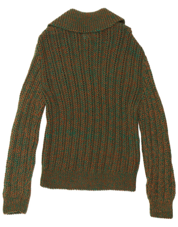 Vintage hombres polo cuello jersey suéter medio verde moteado