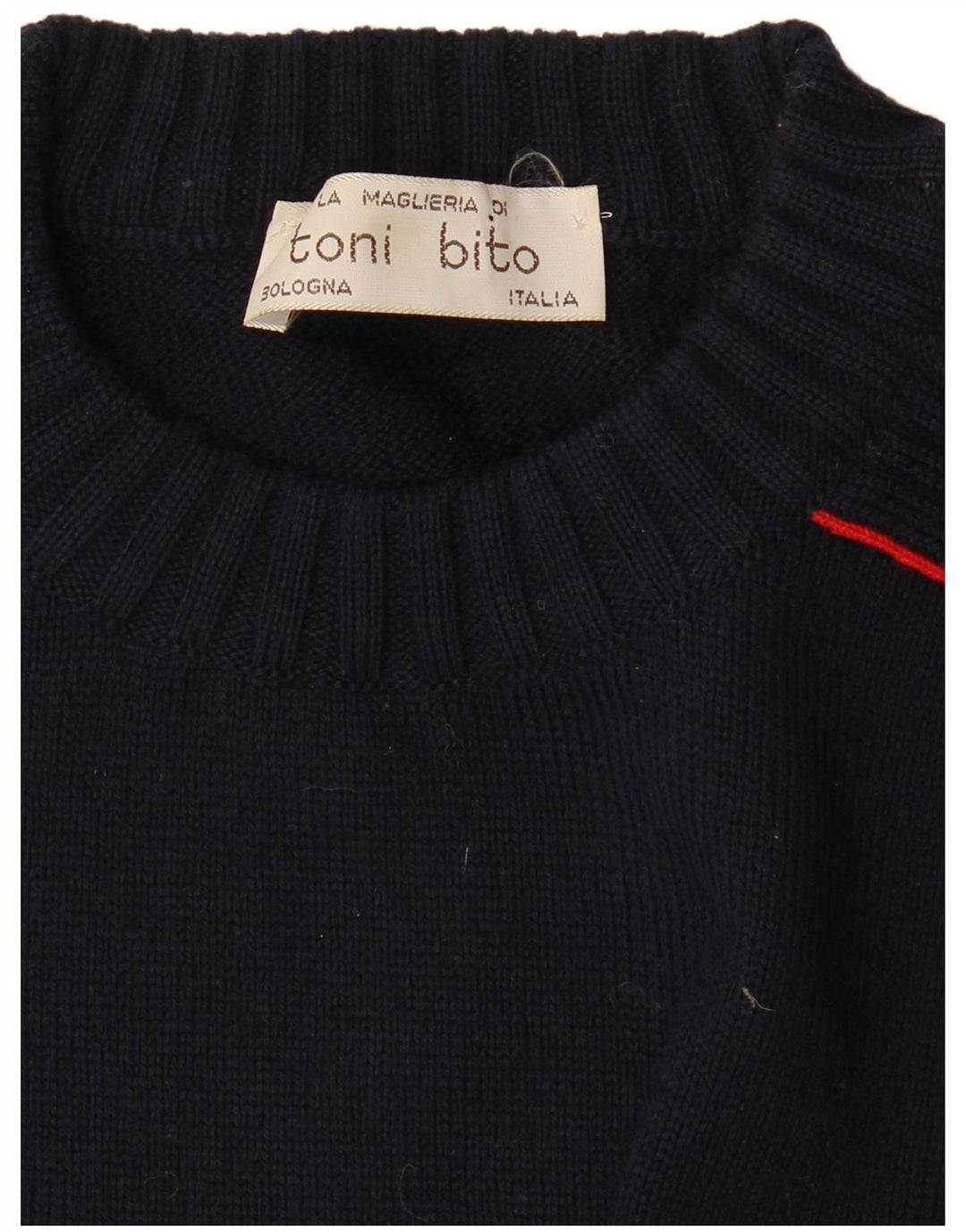 Vintage hombres cuello redondo jersey suéter medio azul marino rayas