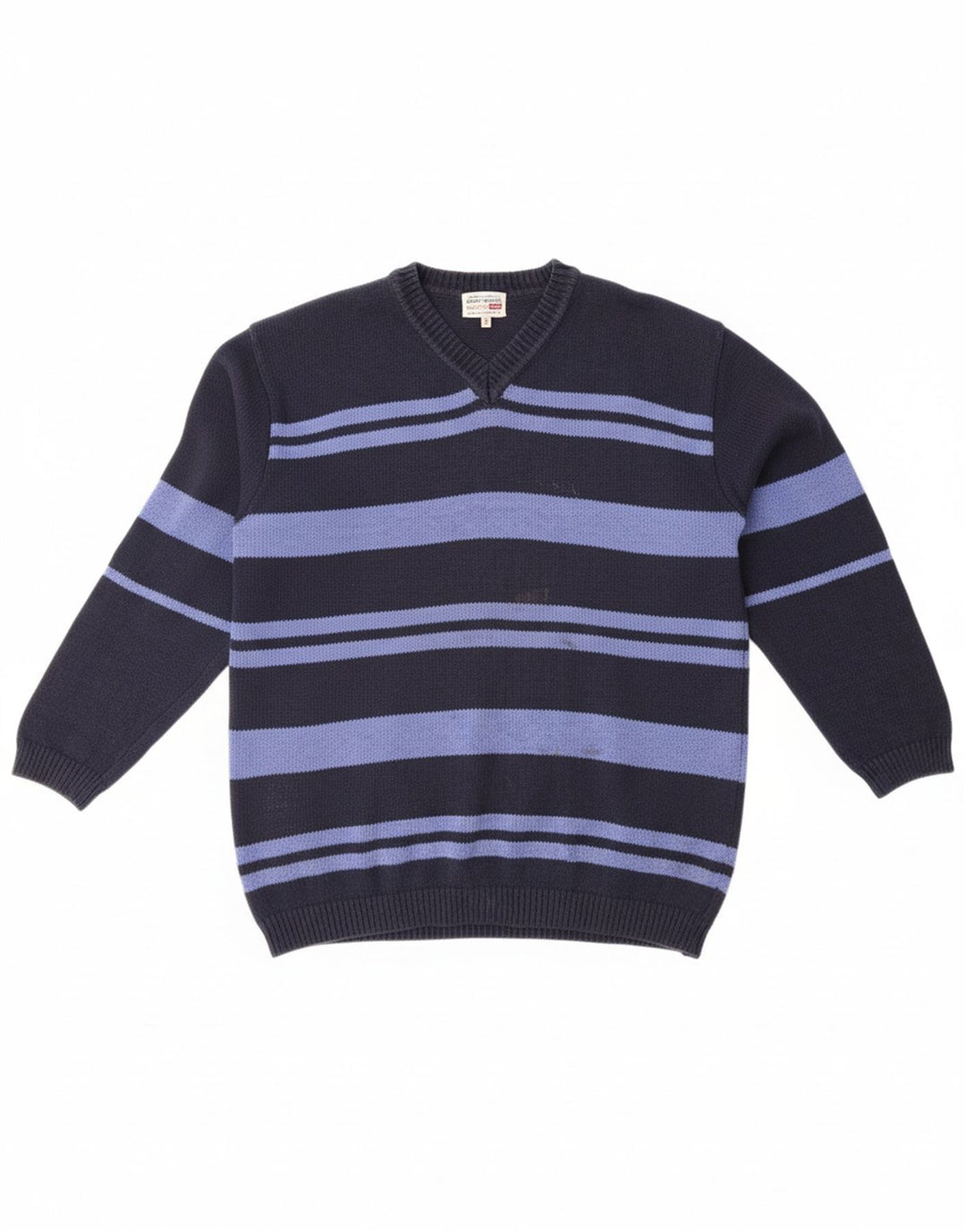 LEVI'S Mens V-Neck Jumper Sweater XL Navy Blue Striped Polyacrylic Vintage Levi's and Second-Hand Levi's from Messina Hembry 