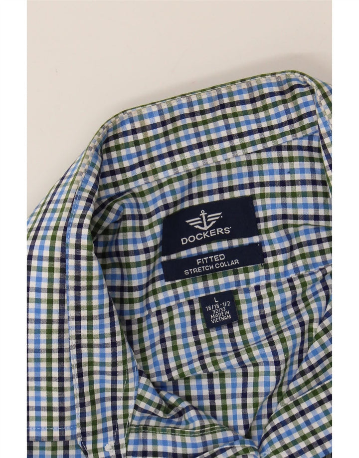 DOCKERS Mens Fitted Shirt Size 16 1/2 Large Blue Check Cotton Vintage Dockers and Second-Hand Dockers from Messina Hembry 