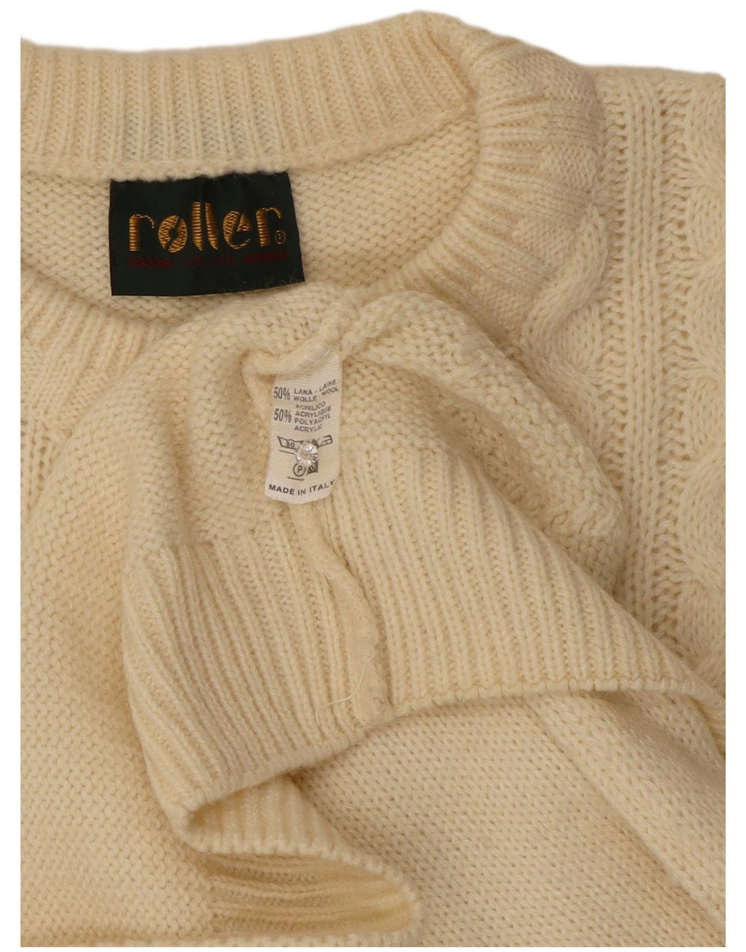 Vintage hombres cuello redondo jumper suéter grande de lana blanca Argyle/Diamond