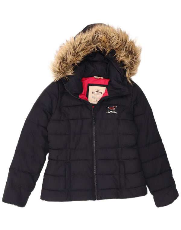 Hollister Womens Hooded Padded Jacket UK 12 Medium Navy Blue Polyester