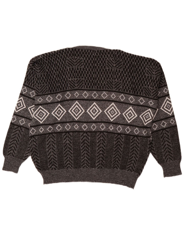 Vintage hombres V-cuello jumper suéter XL gris geométrico acrílico