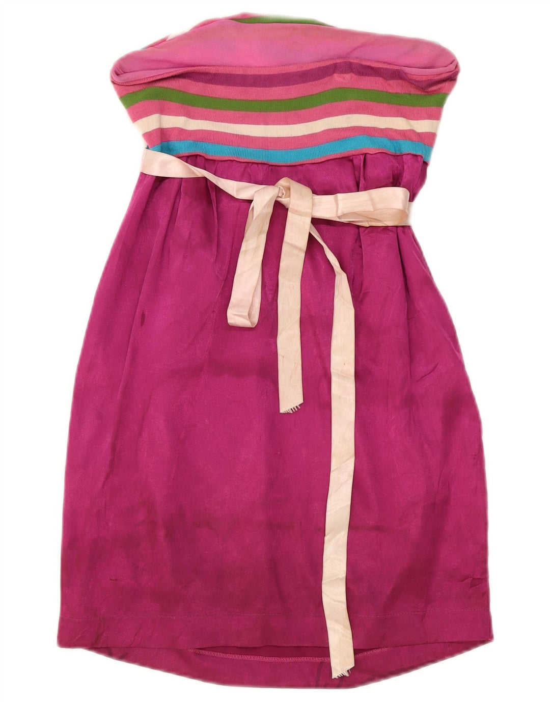 Vintage mujer vestido sin tirantes Reino Unido 12 medio rosa poliéster a rayas