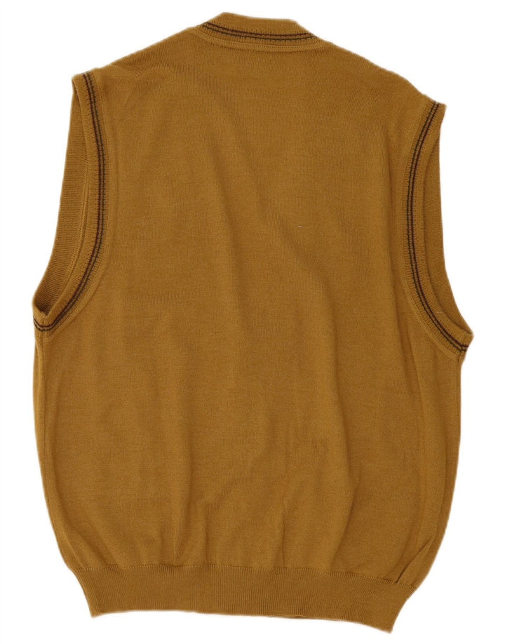 Vintage hombres sin mangas cardigan suéter medio caqui lana