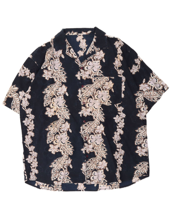 Vintage hombres camisa de manga corta grande azul marino floral algodón