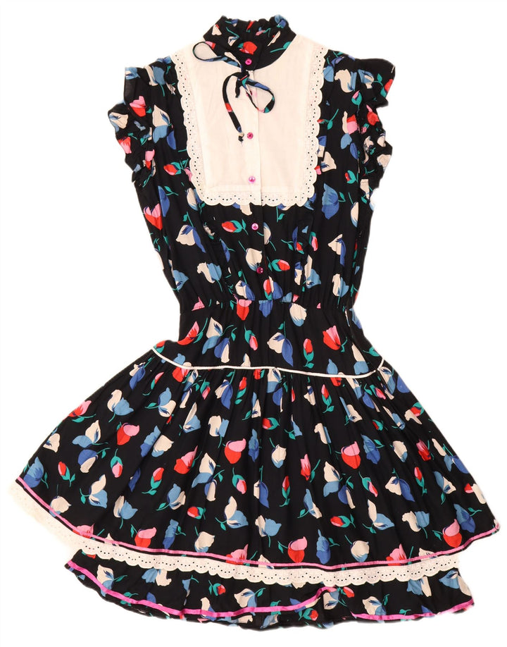 Vintage mujer vestido de té Reino Unido 12 medio negro floral