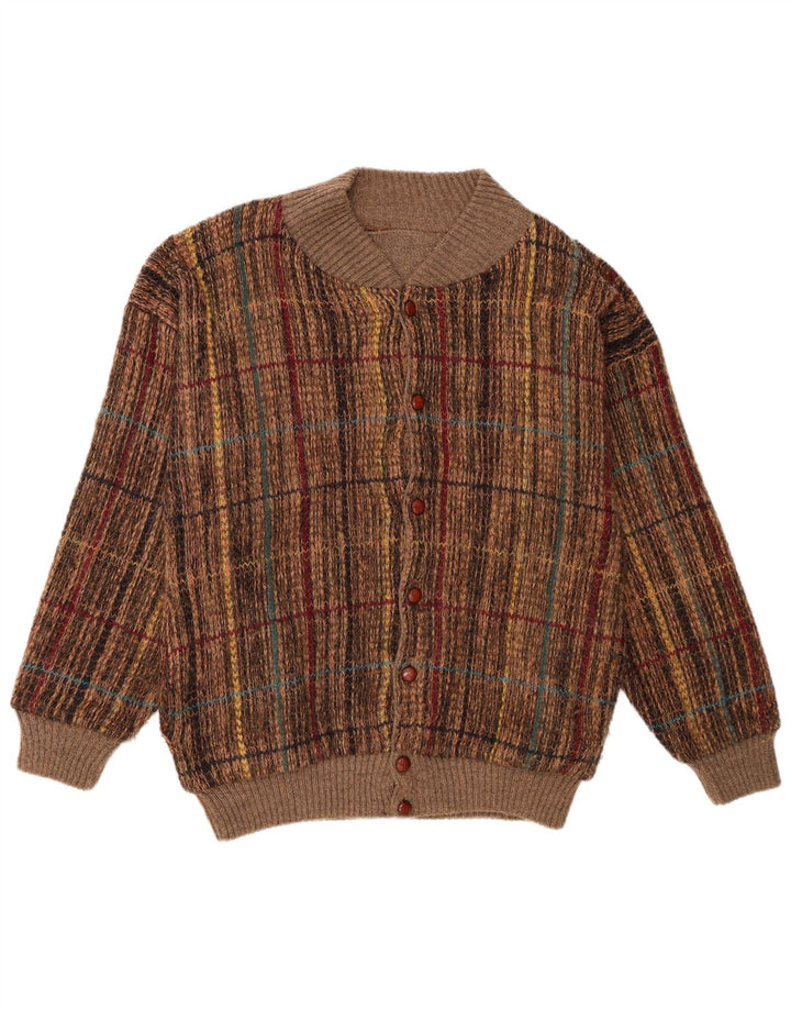 Vintage hombres Cardigan suéter grande marrón comprobar acrílico