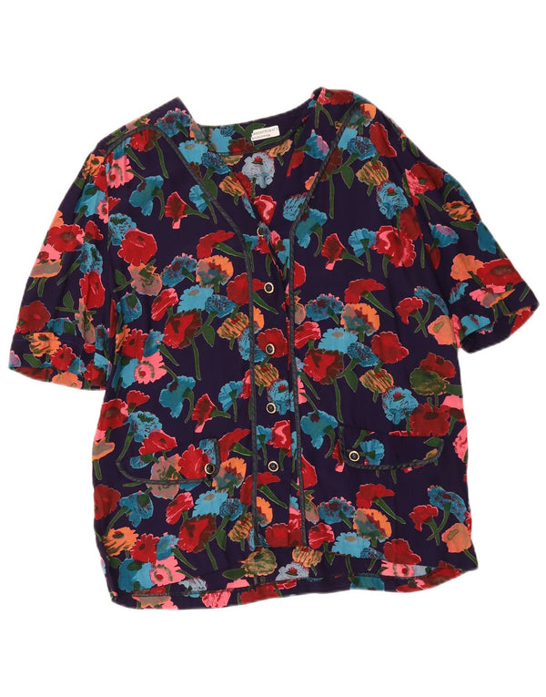 Vintage mujer camisa de manga corta blusa Reino Unido 16 grande azul marino floral