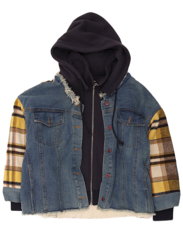 Vintage hombres con capucha Sherpa chaqueta Reino Unido 42 XL azul comprobar algodón