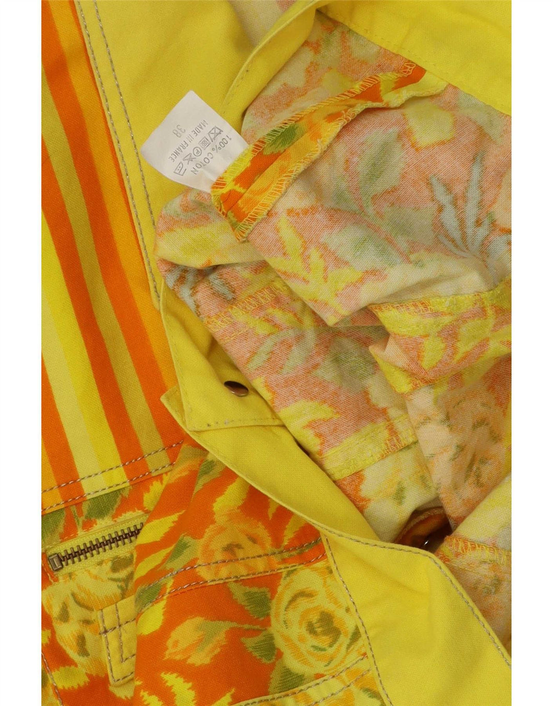 Vintage mujer crop bomber chaqueta EU 38 algodón floral amarillo medio