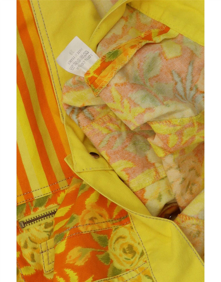 Vintage mujer crop bomber chaqueta EU 38 algodón floral amarillo medio
