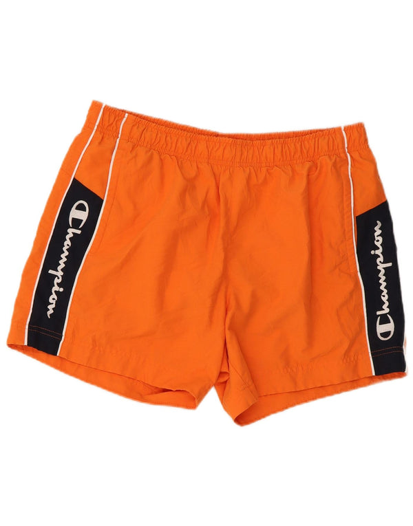 Champion Bañador con estampado gráfico para hombre, poliéster con bloques de color naranja grande