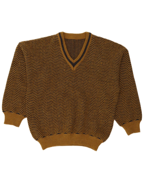 Vintage hombres sueltos ajuste V-cuello jumper suéter pequeño marrón Chevron