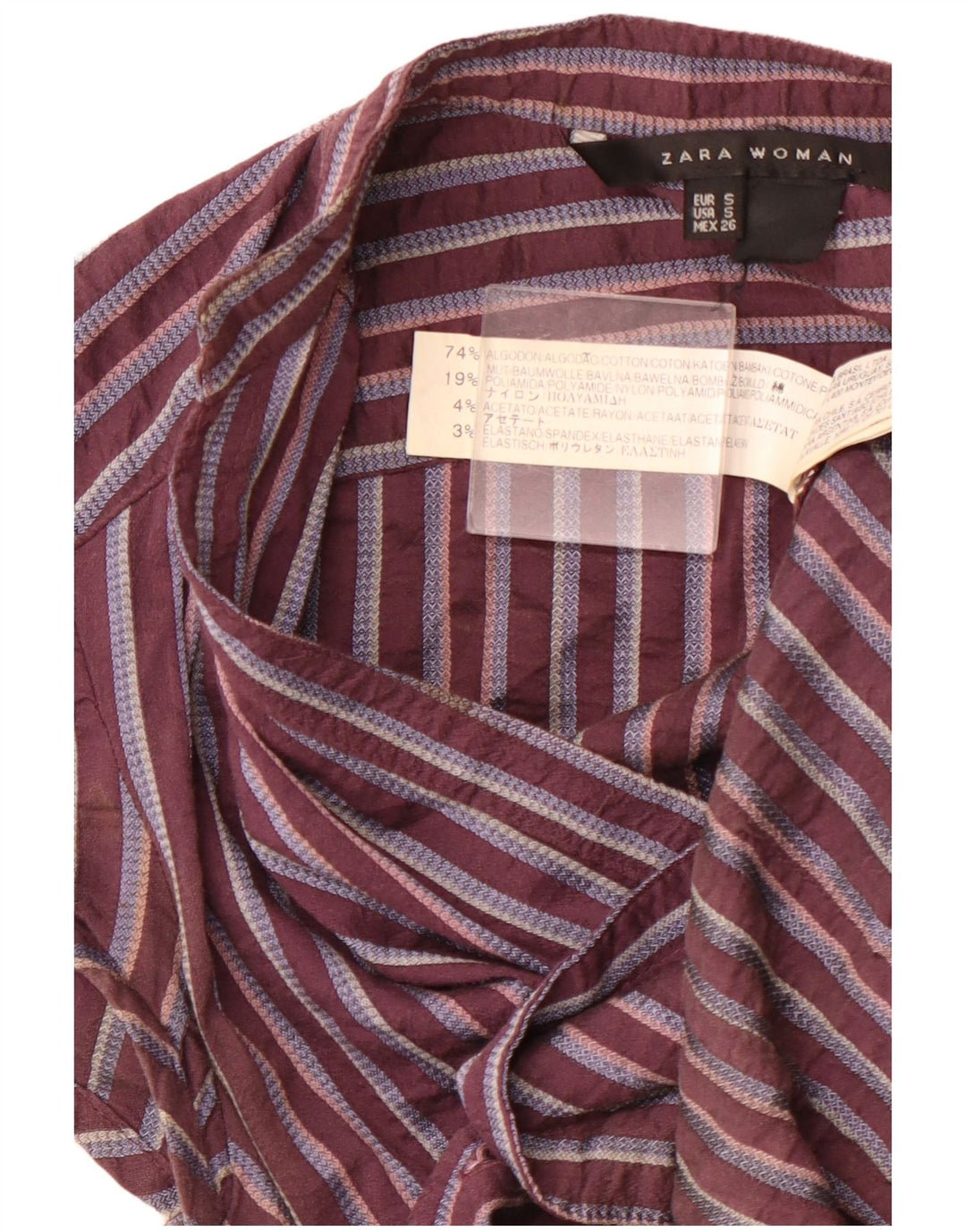 ZARA Blusa Camisa Manga Corta Mujer UK 40 Small Borgoña Rayas Algodón