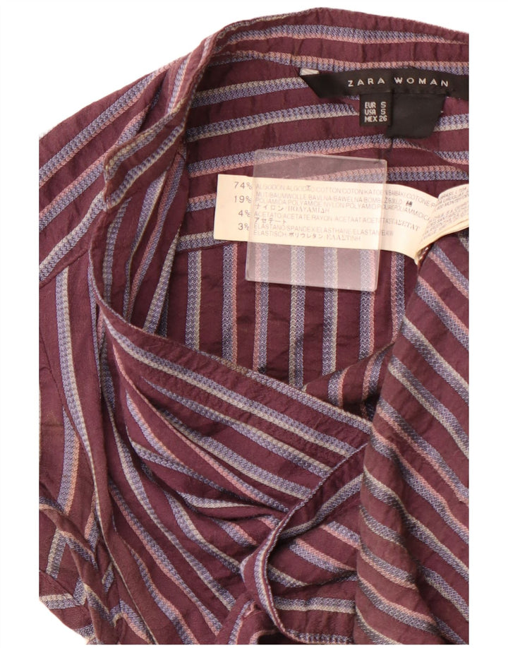 ZARA Blusa Camisa Manga Corta Mujer UK 40 Small Borgoña Rayas Algodón