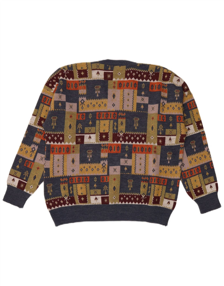 Vintage hombres V-cuello jumper suéter grande multicolor patchwork
